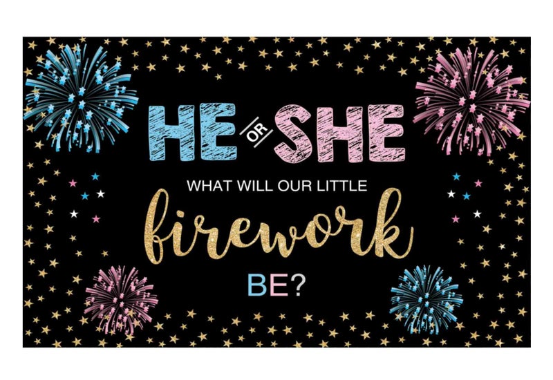 Funnytree Gender Reveal Backdrop He or She Party Fourth of July Blue or Pink Boy or Girl Banner Decoration Stars Photography Background Photobooth Supplies Prop - Image 1